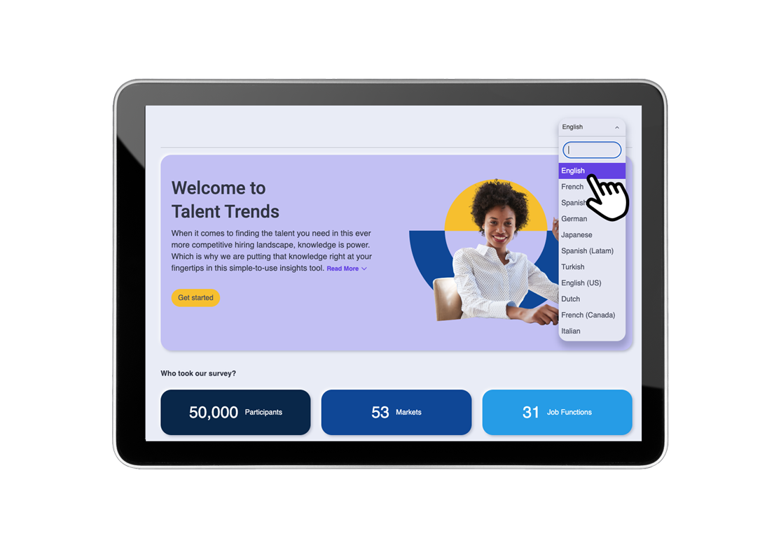 Tablet showing language selection menu and Talent Trends heading.