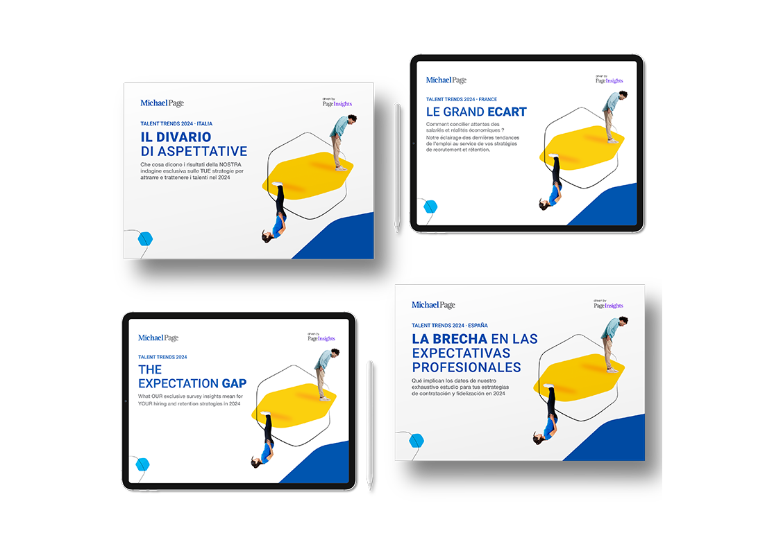 Four reports on expectation gaps in different languages with Michael Page Insights logo.