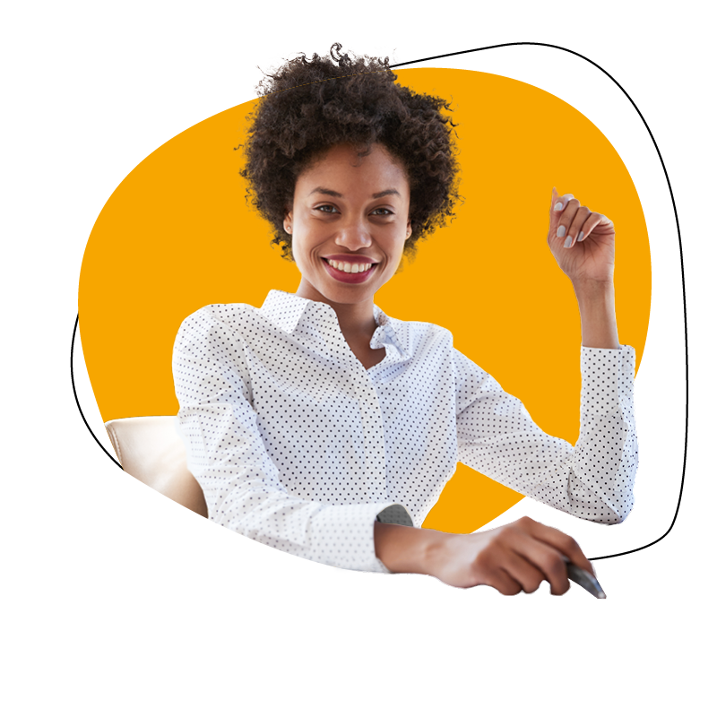 Smiling woman in a white polka dot shirt with an orange background.