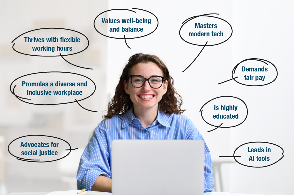 Gen Z female employee working at her laptop with 8 bubbles around her, each bubble displaying a trait of Gen Z at work.